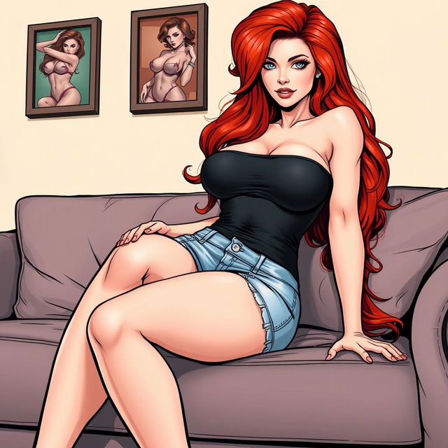 A realistic comic book illustration of a beautiful, sexy woman with long, flame red hair, showcasing an exaggerated hourglass figure