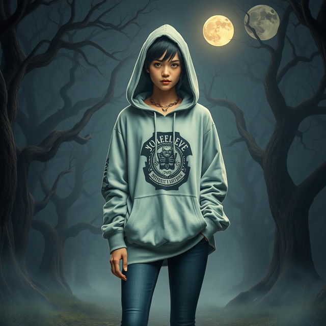 An enchanting scene depicting a mysterious woman with vivid androgynous features, standing in a moonlit forest that evokes an ancient, magical atmosphere