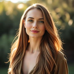 A 35-year-old woman with fair skin and long hair, exuding a natural style with minimal makeup, captured from the waist up in an outdoor setting