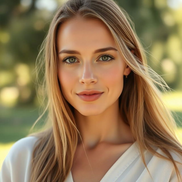 A 35-year-old woman with fair skin and long hair, exuding a natural style with minimal makeup, captured from the waist up in an outdoor setting