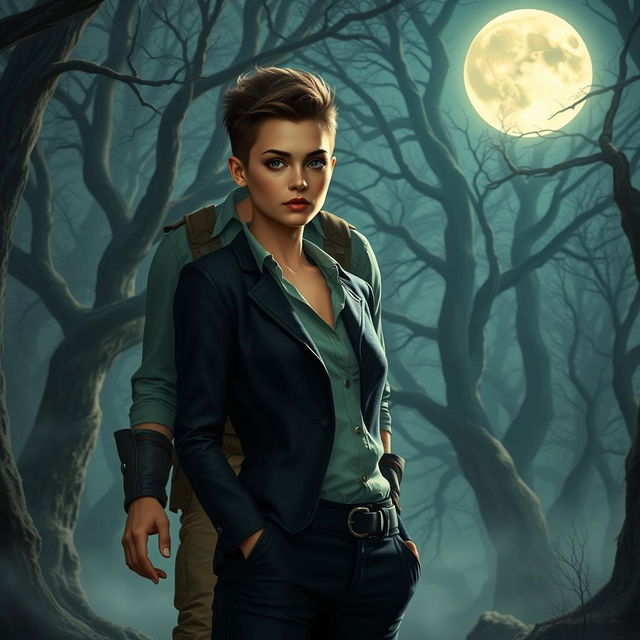 An enchanting scene depicting a young woman with androgynous features, standing in a moonlit forest that evokes an ancient, magical atmosphere