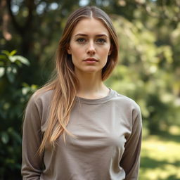 A 35-year-old woman with light skin and long hair, dressed in closed clothing, standing outdoors