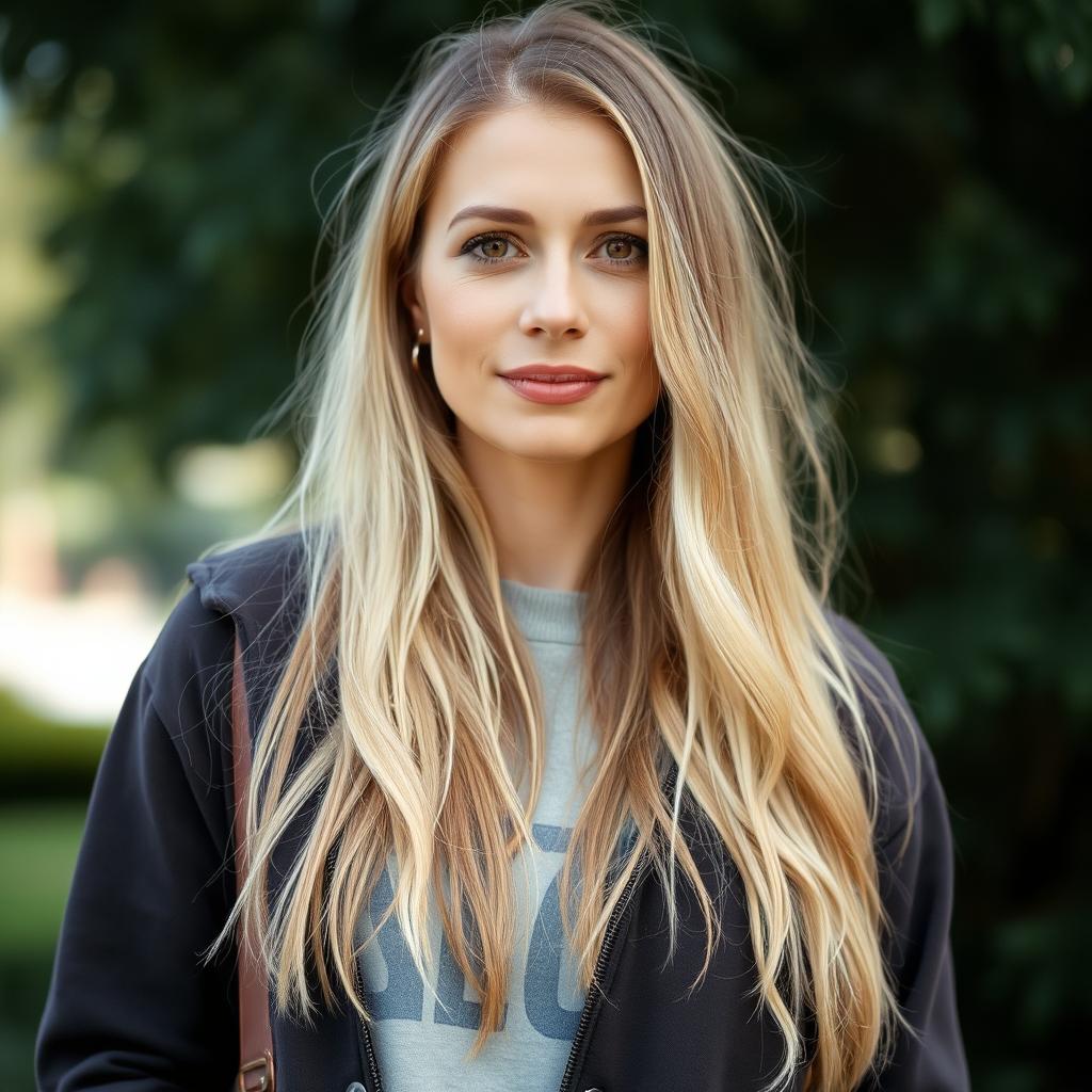 A 35-year-old woman with light skin and long hair, dressed in closed clothing, standing outdoors