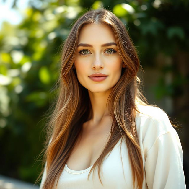 A 35-year-old woman with light skin and long hair, wearing closed clothing, standing outdoors