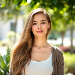 A 35-year-old woman with light skin and long hair, wearing closed clothing, standing outdoors