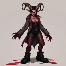 A female tiefling mad scientist with crooked spiral horns, exuding an air of eccentricity and intelligence