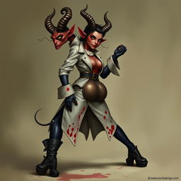 A female tiefling mad scientist with crooked spiral horns, exuding an air of eccentricity and intelligence