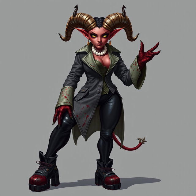 A female tiefling mad scientist with crooked spiral horns, exuding an air of eccentricity and intelligence