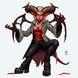 A female tiefling mad scientist with crooked spiral horns, exuding an air of eccentricity and intelligence