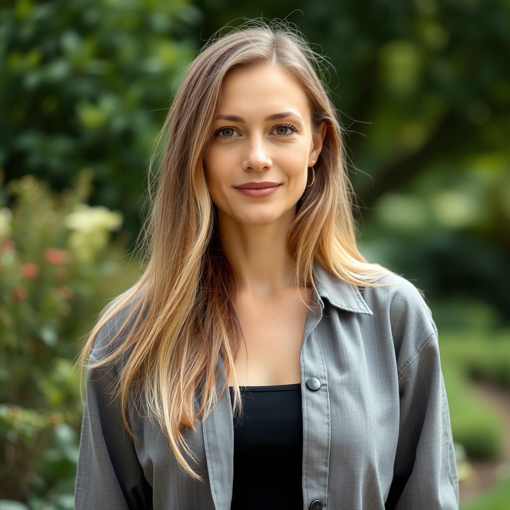 A 35-year-old woman with light skin and long hair, wearing closed clothing, standing outdoors