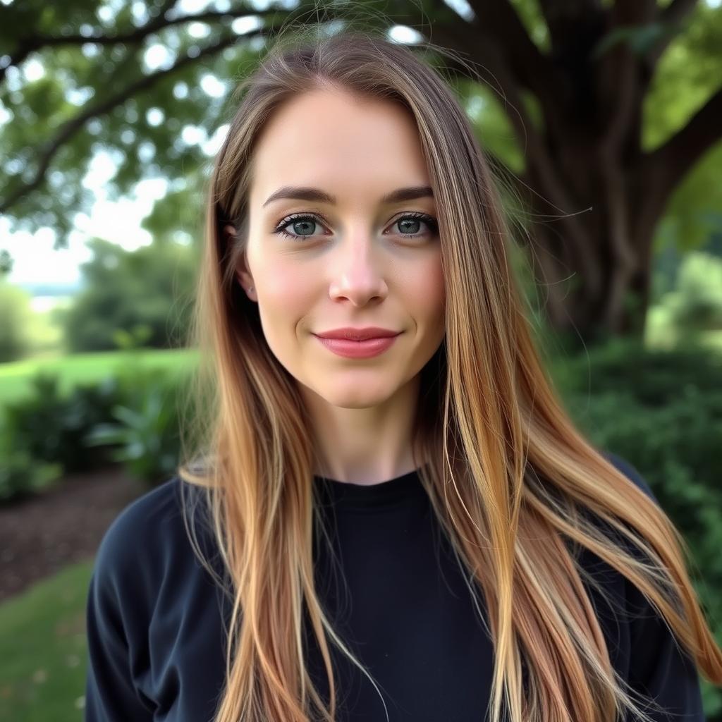 A 35-year-old woman with light skin and long hair, wearing closed clothing, standing outdoors