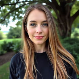 A 35-year-old woman with light skin and long hair, wearing closed clothing, standing outdoors