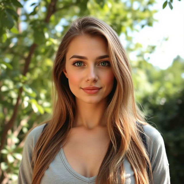 A 35-year-old woman with light skin and long hair, wearing closed clothing, standing outdoors