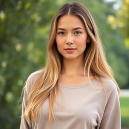 A 35-year-old woman with light skin and long hair, dressed in closed clothing, standing outdoors