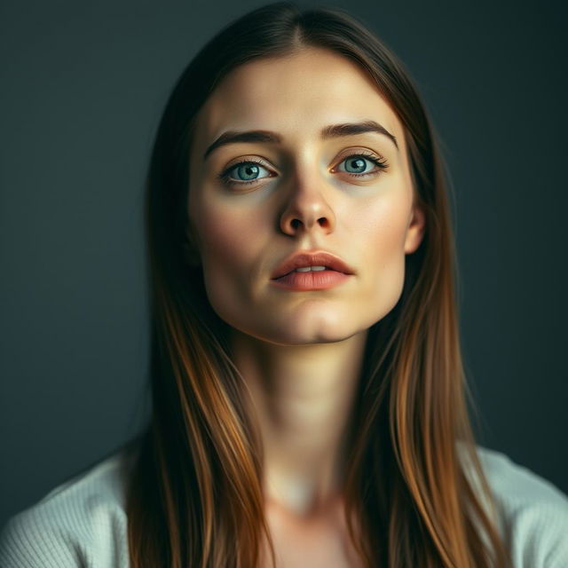 A 35-year-old woman with fair skin and long hair, depicted in a natural style with minimal makeup