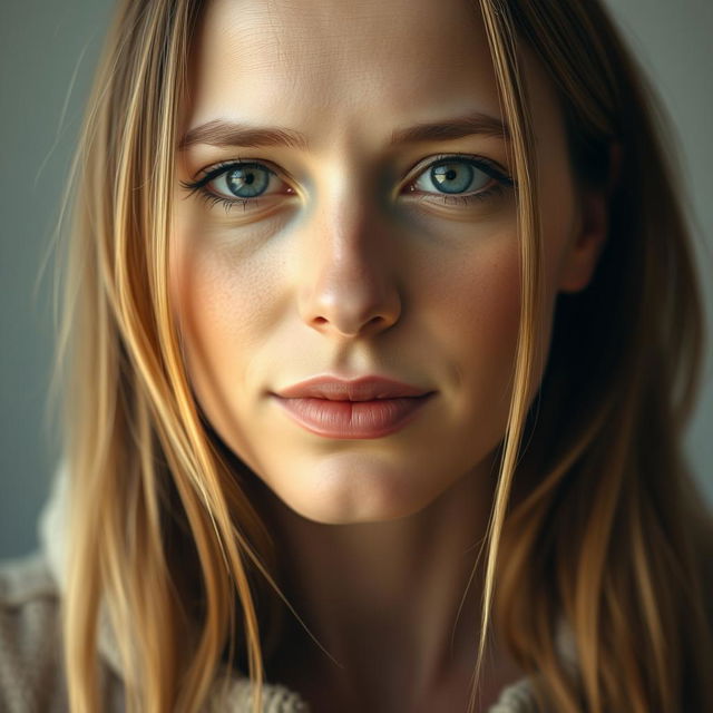 A 35-year-old woman with fair skin and long hair, portrayed in a natural style with minimal makeup