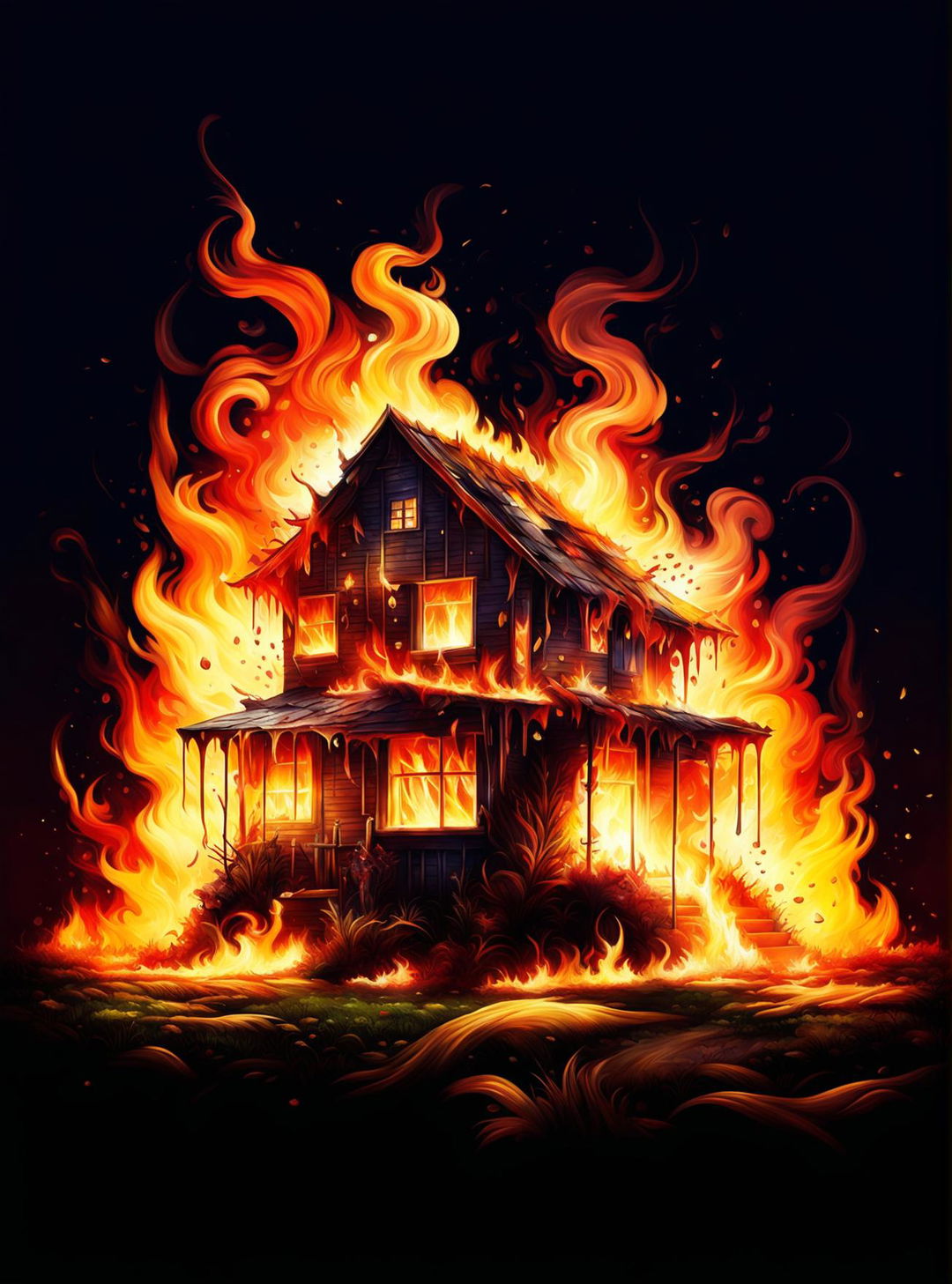 A high-quality digital art piece showing a two-story house being consumed by a fiery blaze