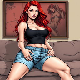 A realistic comic book style illustration of a beautiful, sexy woman with long flame red hair and an exaggerated hourglass figure