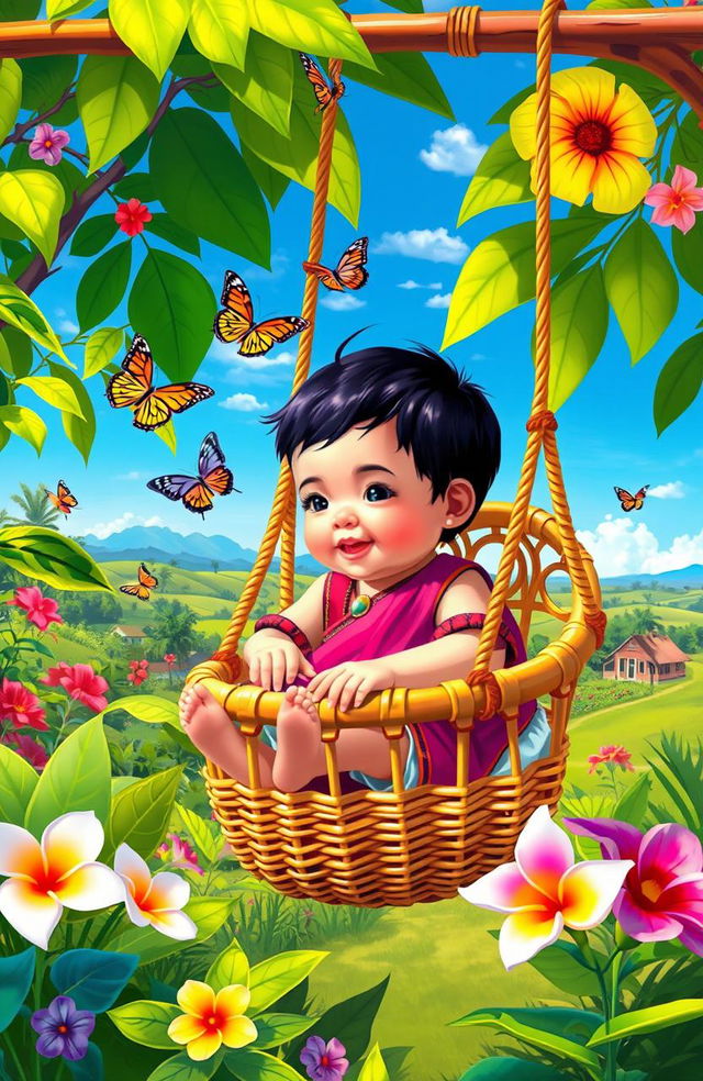 A colorful representation of a Filipino child gently swaying in a cradle, surrounded by lush tropical plants and flowers