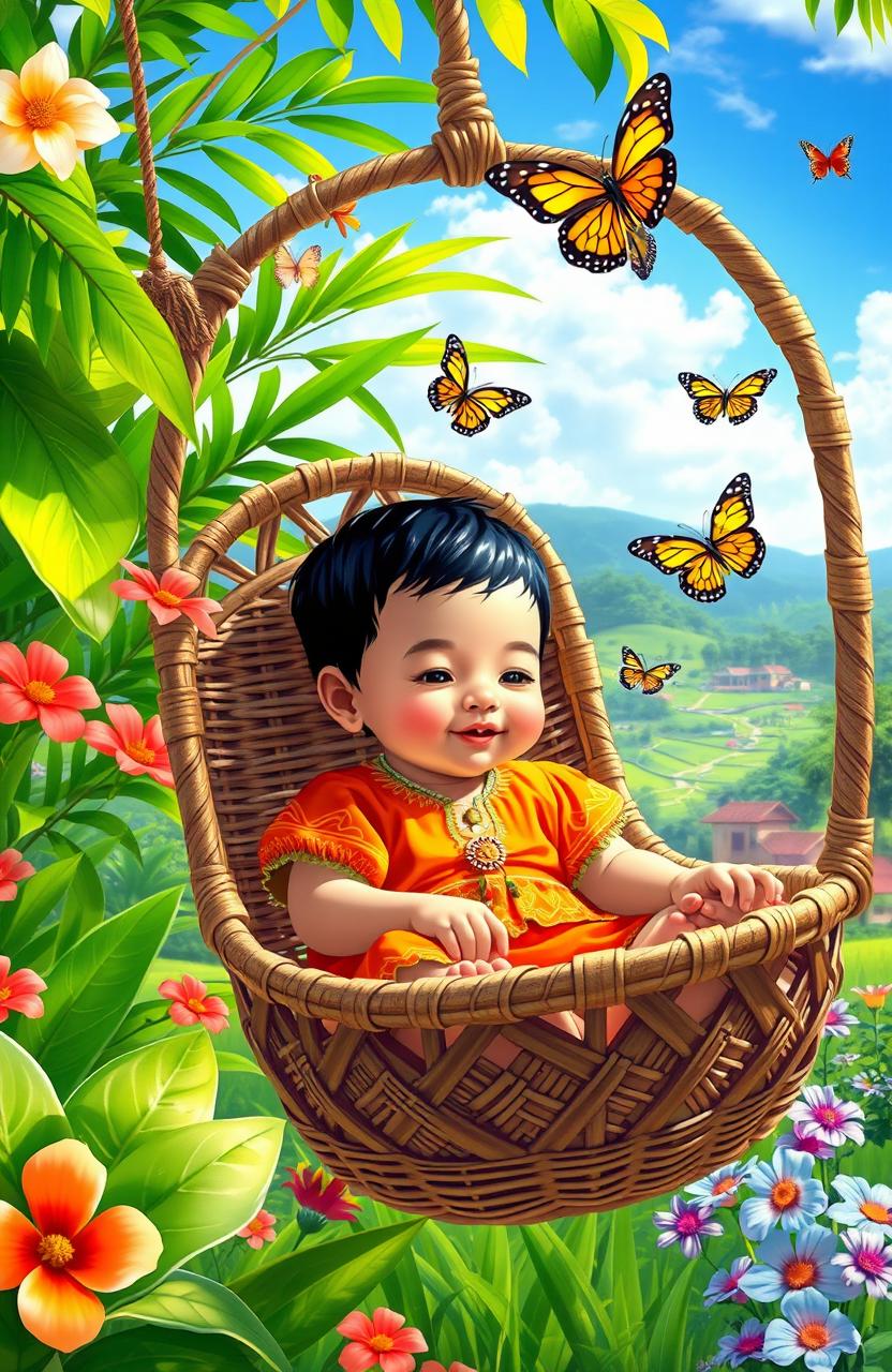 A colorful representation of a Filipino child gently swaying in a cradle, surrounded by lush tropical plants and flowers