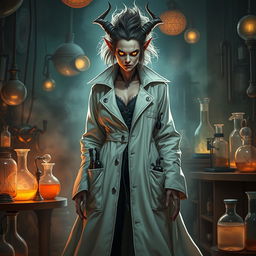 A female demonic mad scientist in a long, flowing white coat that billows around her as she stands in a laboratory filled with strange equipment