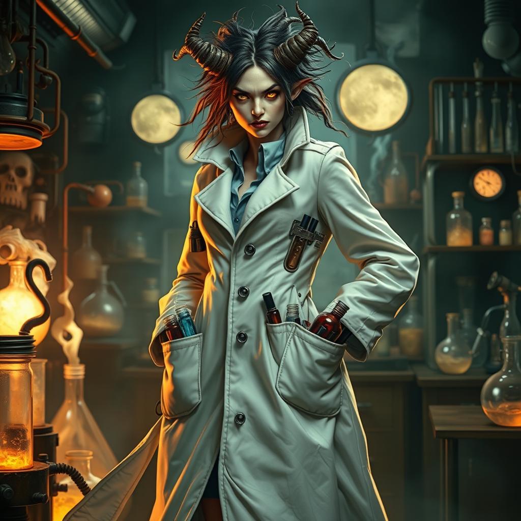 A female demonic mad scientist in a long, flowing white coat that billows around her as she stands in a laboratory filled with strange equipment