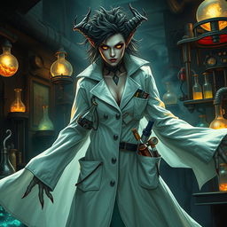 A female demonic mad scientist in a long, flowing white coat that billows around her as she stands in a laboratory filled with strange equipment