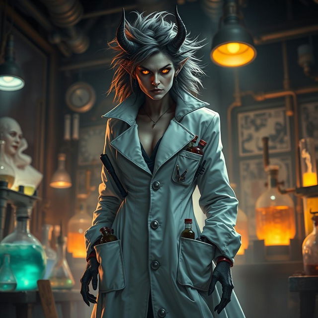 A female demonic mad scientist in a long, flowing white coat that billows around her as she stands in a laboratory filled with strange equipment