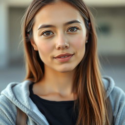 A 35-year-old woman with light skin and long hair, dressed in casual, closed clothing