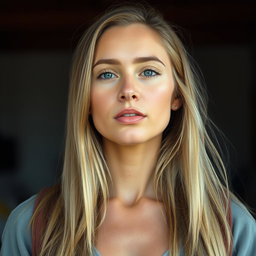 A 35-year-old woman with light skin and long hair, dressed in casual, closed clothing