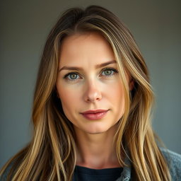 A 35-year-old woman with light skin and long hair, dressed in casual, closed clothing