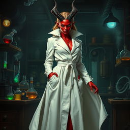 A female demonic mad scientist dressed in a long, flowing white coat that contrasts sharply with her red skin