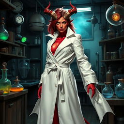 A female demonic mad scientist dressed in a long, flowing white coat that contrasts sharply with her red skin