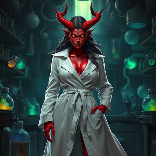 A female demonic mad scientist dressed in a long, flowing white coat that contrasts sharply with her red skin