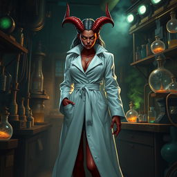 A female demonic mad scientist dressed in a long, flowing white coat that contrasts sharply with her red skin