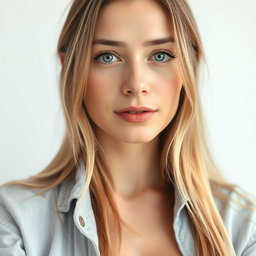 A 35-year-old woman with light skin and long hair, dressed in casual closed clothing