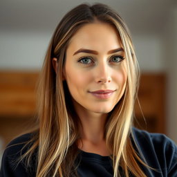 A 35-year-old woman with light skin and long hair, dressed in casual closed clothing