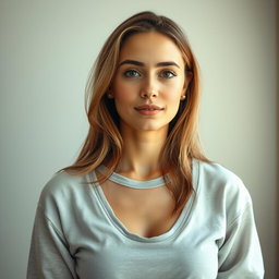 A 35-year-old woman with light skin and long hair, dressed in casual closed clothing