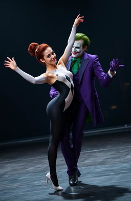 A slim, beautiful acrobat woman with dark red, curly hair tied up in a slick bun and vivid green eyes, wearing a stylish, form-fitting bodysuit-jumpsuit that is half black and half white with striking diamond patterns