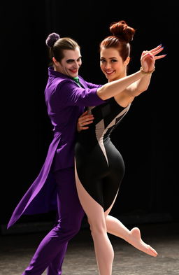 A slim, beautiful acrobat woman with dark red, curly hair tied up in a slick bun and vivid green eyes, wearing a stylish, form-fitting bodysuit-jumpsuit that is half black and half white with striking diamond patterns