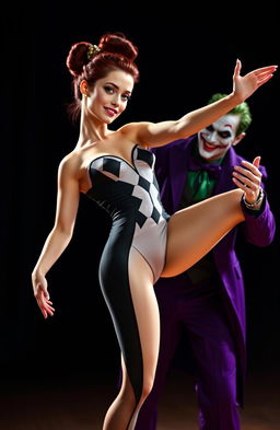 A slim, beautiful acrobat woman with dark red, curly hair tied up in a slick bun and vivid green eyes, wearing a stylish, form-fitting bodysuit-jumpsuit that is half black and half white with striking diamond patterns
