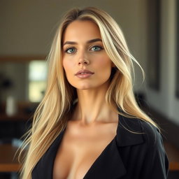 A 35-year-old woman with light skin and long hair, styled in a natural look