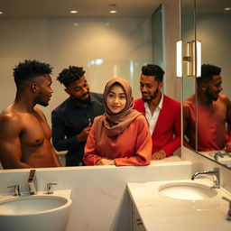 A dramatic scene in a stylish and contemporary bathroom setting featuring an Asian woman wearing a hijab, portrayed in an artistic and respectful manner