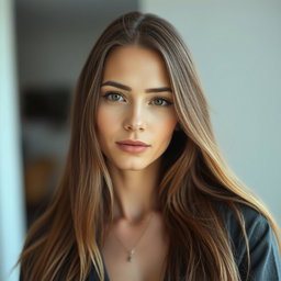 A 35-year-old woman with light skin and long flowing hair, showcased in a natural style