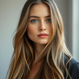 A 35-year-old woman with light skin and long flowing hair, showcased in a natural style