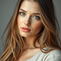 A 35-year-old woman with light skin and long flowing hair, showcased in a natural style