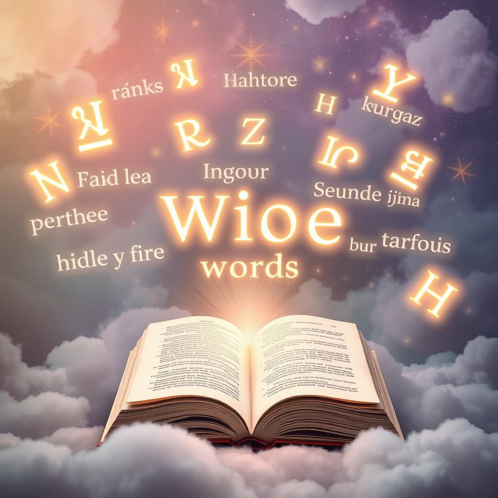 An abstract representation of wise words, featuring an open book surrounded by floating glowing letters and symbols in multiple languages, with a mystical background of stars and clouds