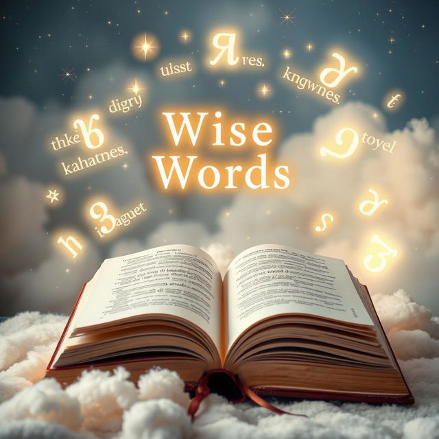 An abstract representation of wise words, featuring an open book surrounded by floating glowing letters and symbols in multiple languages, with a mystical background of stars and clouds