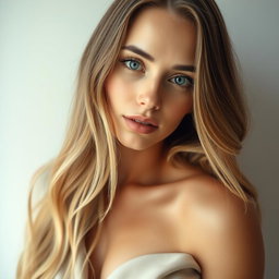 A 35-year-old woman with light skin and long hair, captured in an elegant natural style