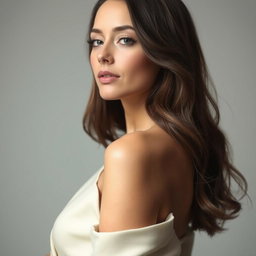 A 35-year-old woman with light skin and long hair, captured in an elegant natural style